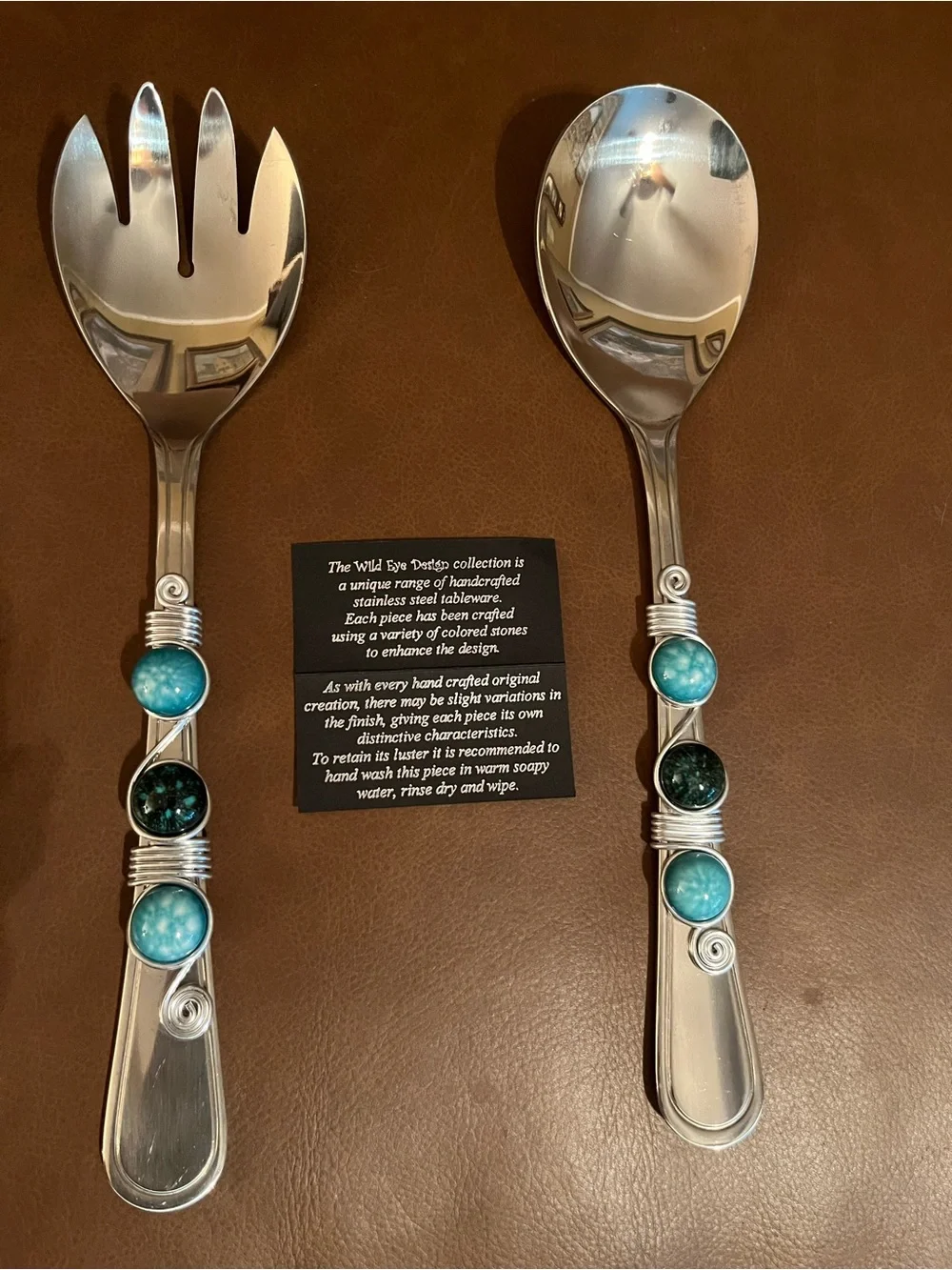 Wild Eye Designs Stainless Salad Servers Spoon and Fork w/ Blue Gem Stones